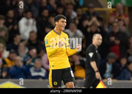 Nathan Fraser of Wolves celebrates scoring their side's fifth goal of the game during the Carabao Cup Second Round match between Wolverhampton Wanderers and Blackpool at Molineux, Wolverhampton on Tuesday 29th August 2023. (Photo: Gustavo Pantano | MI News) Credit: MI News & Sport /Alamy Live News Stock Photo