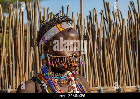 Woman from Larim tribe with decorations on her face Stock Photo
