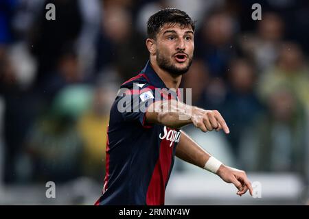 Riccardo Orsolini of Bologna FC gestures during the Serie A football match between Juventus FC and Bologna FC. Stock Photo