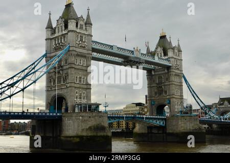 London, UK, Tower Bridge under a stormy sky. Stock Photo