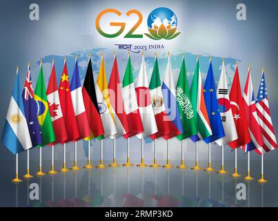 G20 summit 2023.Group 20 countries flags together.Translation Bharat(another name for India) is written in Hindi Stock Photo