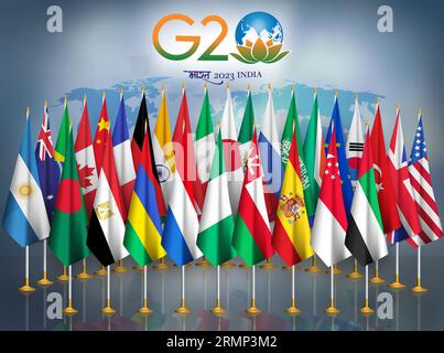 2023 G 20 summit guest countries' flags with member countries' flags.Translation Bharat(another name of India) written in Hindi Stock Photo