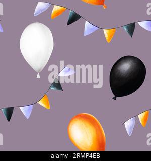 Watercolor seamless pattern with festive flags and balloons for halloween illustration. Hand painting postcard isolated on white background. For desig Stock Photo