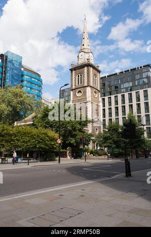 The church tower and spire of St Botolph Without Aldgate, Aldgate High Street, London, EC3, England, U.K. Stock Photo