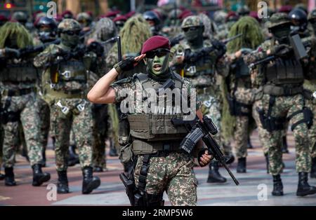 Kuala Lumpur, Malaysia. 29th Aug, 2023. Malaysia's military personnel march during parade rehearsal in preparation for the National Day celebrations in Putrajaya outside Kuala Lumpur. Malaysia will celebrate its 66th National Day to commemorate the independence of the Federation of Malaya from British rule on August 31, 1957. Credit: SOPA Images Limited/Alamy Live News Stock Photo