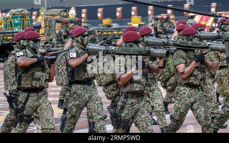 Kuala Lumpur, Malaysia. 29th Aug, 2023. Malaysia's military personnel march during parade rehearsal in preparation for the National Day celebrations in Putrajaya outside Kuala Lumpur. Malaysia will celebrate its 66th National Day to commemorate the independence of the Federation of Malaya from British rule on August 31, 1957. Credit: SOPA Images Limited/Alamy Live News Stock Photo