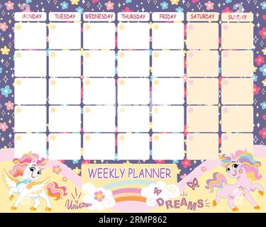 Timetable with cute cartoon unicorns and flowers. Rainbow girly weekly planner. Ready to print vector design of timetable for baby girls with magic po Stock Vector