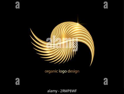 3D seashell nautilus, gold logo. Golden Object with smooth shape. Can be used for advertising, marketing, presentation, card and flyer, technological Stock Vector