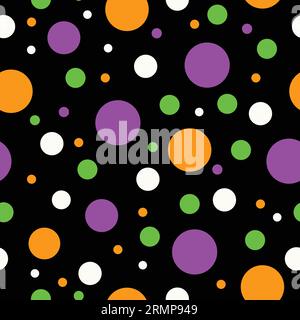 Seamless vector pattern with orange, green, purple colored polka dots on black. Textile, scrapbook. Vector illustration Stock Vector