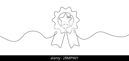 Star with ribbon of honor vector continuous line. Winner icon in hand drawn style. Win button. Stock Vector
