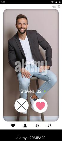 Dating site account of handsome man. Profile photo, information and icons Stock Photo