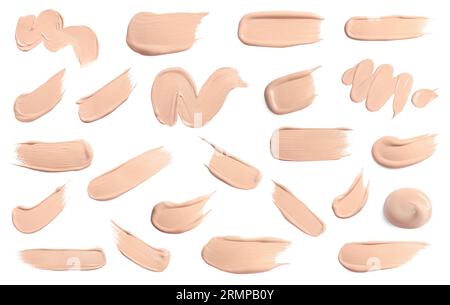 Foundations of various textures for different skin types isolated on white. Set of samples Stock Photo