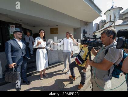 Bucharest, Romania. 28th August, 2023: Clotilde Armand, the mayor of sector 1, leaves the Prosecutor's Office of sector 1, where was informed that she is suspect in a criminal file drawn upon reporting of National Integrity Agency (ANI) for using official position to obtain income after appointing herself as manager of an European project for improving local administrative capacity regarding the development, implementation and promotion of anti-corruption measures. Credit: Lucian Alecu/Alamy Live News Stock Photo