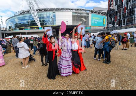 London, UK, 29th July 2023, Feria de Londres, the Spanish festival, returns to London on 29th and 30th July. Taking place at Wembley Park a brand-new location. Highlights include flaminco dancing, Spanish music, food and wine., Andrew Lalchan Photography/Alamy Live News Stock Photo