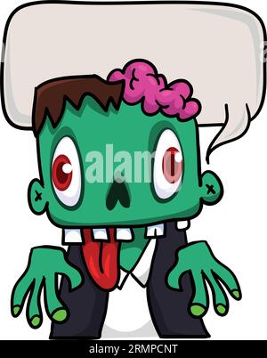 Cartoon zombie holding blank paper banner for text. Vector illustration. Isolated on the white background. Halloween design element for banner, postca Stock Vector