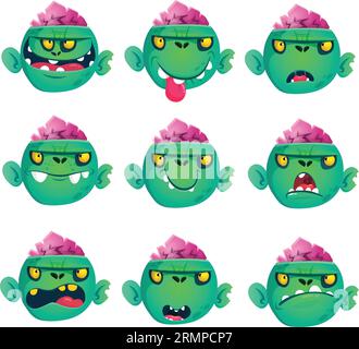 Cartoon zombie face expressions set. Vector illustration of different green scary zombie emotions isolated on white Stock Vector