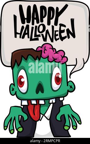 Cartoon zombie holding blank paper banner for text. Vector illustration. Isolated on the white background. Halloween design element for banner, postca Stock Vector