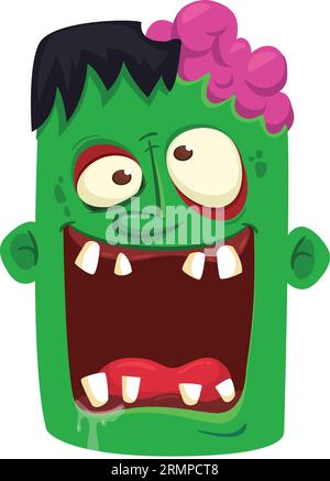 Cartoon angry zombie head. Halloween vector illustration of funny zombie moaning with wide open mouth full of teeth. Great for decoration or package d Stock Vector