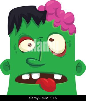 Cartoon angry zombie head. Halloween vector illustration of funny zombie moaning with wide open mouth full of teeth. Great for decoration or package d Stock Vector