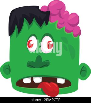 Cartoon angry zombie head. Halloween vector illustration of funny zombie moaning with wide open mouth full of teeth. Great for decoration or package d Stock Vector
