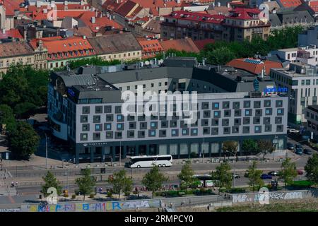 Bratislava, Slovakia. August 15, 2023. Aerial view of Park Inn by Radisson Danube Bratislava Hotel Stock Photo