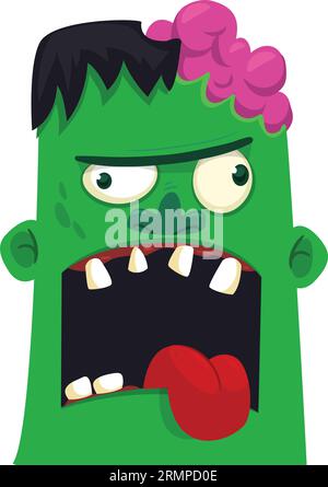 Cartoon angry zombie head. Halloween vector illustration of funny zombie moaning with wide open mouth full of teeth. Great for decoration or package d Stock Vector