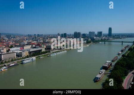 Bratislava, Slovakia. August 15, 2023. View of Danube River taken from the UFO SNP Bridge Stock Photo