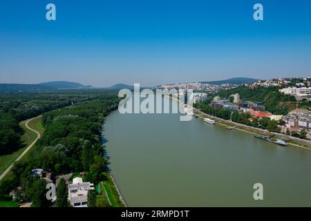 Bratislava, Slovakia. August 15, 2023. View of Danube River taken from the UFO SNP Bridge Stock Photo