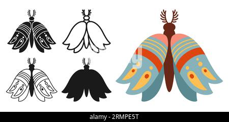 Butterfly fantasy retro fantasy set. Mystical bohemian moth symbol insect wings with ornament. Colored, silhouette or symbol, doodle tattoo line ornate celestial moth. Ornate decoration trendy vector Stock Vector