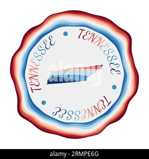 Tennessee badge. Map of the US state with beautiful geometric waves and a vibrant red and blue frame. Vivid round Tennessee logo. Vector illustration. Stock Vector