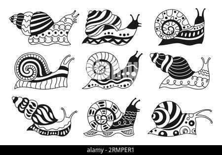 Snail child doodle linear set. Funny baby spiral snails mollusk with ...