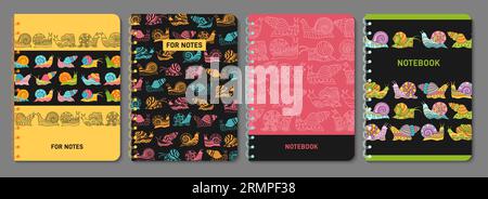 Snail trendy child notebook or notepad cover set. Mollusk with doodle ornament design for planner, brochure, book catalog. Decorative layout page print template poster with comic abstract snail vector Stock Vector