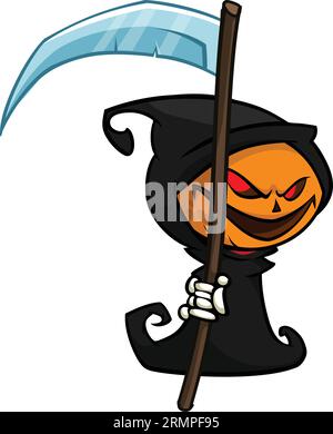 Grim reaper pumpkin head cartoon character with scythe. Halloween jack o lantern illustration design for party invitation or poster. Vector scarecrow Stock Vector