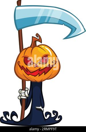 Grim reaper pumpkin head cartoon character with scythe. Halloween jack o lantern illustration design for party invitation or poster. Vector scarecrow Stock Vector