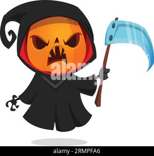 Grim reaper pumpkin head cartoon character with scythe. Halloween jack o lantern illustration design for party invitation or poster. Vector scarecrow Stock Vector