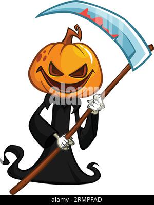 Grim reaper pumpkin head cartoon character with scythe. Halloween jack o lantern illustration design for party invitation or poster. Vector scarecrow Stock Vector