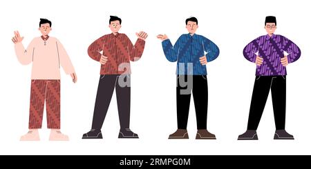 Man wearing batik traditional hand printed fashion shirt clothes set collection illustration flat with strokes Stock Vector