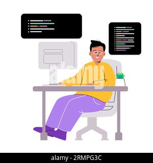 Man working coding script code programmer drawing illustration professional engineer in desk Stock Vector