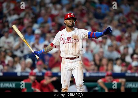 Philadelphia Phillies' Edmundo Sosa reacts during a baseball game