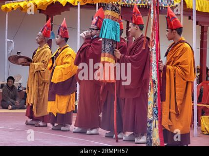 Monk playing a dung dkar conch shell trumpet at the Takthok Tsechu festival, Sakti, Ladakh, India Stock Photo