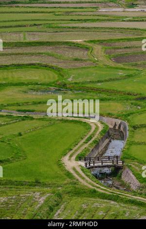 Japan, Kyushu. View of Farmland by Tashibu-no-sho Village, Kunisaki Peninsula, Oita Prefecture. Rice Paddies not yet Planted. Stock Photo