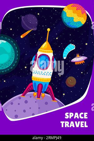 Space travel banner with cartoon spaceship stand on planet surface in starry galaxy. Vector futuristic cosmic mission poster with rocket shuttle engin Stock Vector