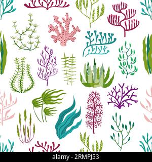 Underwater seaweed plants, aquarium algae seamless pattern. Corals and seaweeds vector background of marine flora with green kelp and laminaria, purpl Stock Vector