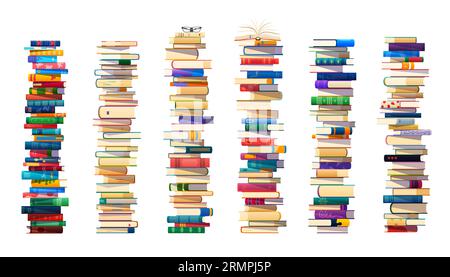 High book stacks in piles, school textbooks and library literature heaps, vector tower rows. Education or reading books, study textbooks dictionary st Stock Vector