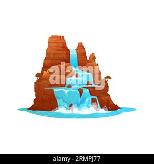 Cartoon wild west waterfall and water cascade with cascading liquid flows, rocks, cacti, and other desert plants, surrounded by a rugged landscape. Is Stock Vector