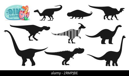 Isolated dinosaurs cartoon characters silhouettes. Plateosaurus, Hyperodapedon, Tarbosaurus and Parasaurolophus, Vulcanodon, Omeisaurus, Allosaurus an Stock Vector