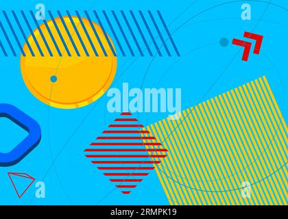 Blue, red and yellow geometrical graphic retro theme background. Minimal geometric elements poster, banner, cover design. Vintage abstract shapes temp Stock Vector