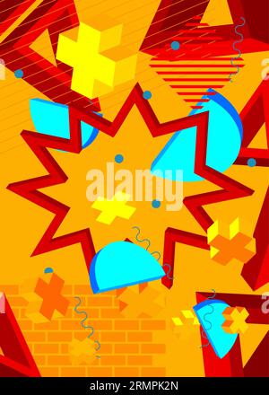 Blue, red and yellow geometrical graphic retro theme background. Minimal geometric elements poster, banner, cover design. Vintage abstract shapes temp Stock Vector