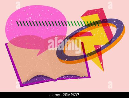 Book with speech bubble and colorful geometric shapes. Educational Object in trendy riso graph design. Geometry elements abstract risograph print text Stock Vector