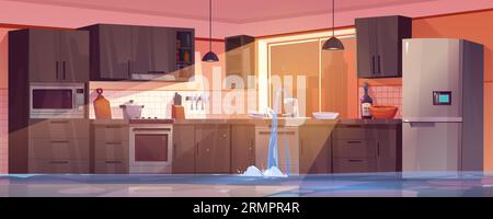Flood in broken home kitchen room with pipe leak vector background. Abandoned dirty house interior with insurance disaster. Water leakage on floor of modern apartment with sink, stove and hood Stock Vector